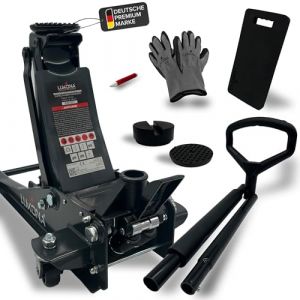 LUKONA® Cric hydraulique 3T (83 à 500 mm) - Pédale supplémentaire, poignée en D, avec tige de pneu, genouillères et gants - Cric roulant pour voiture (anthracite) (Lukona, neuf)