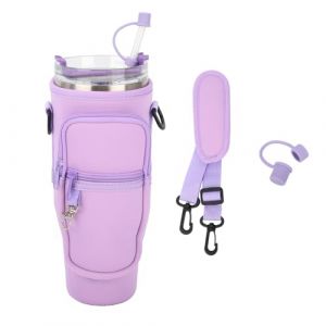 Sahunfri Sac pour Stanley Cup 40 onces, Porte-Bouteille d'eau avec Housse de Paille en Silicone, Poche pour T&eacute;l&eacute;phone, Accessoires pour Stanley Cup pour Marche (Violet) (PowerHui, neuf)