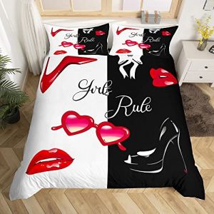 Saint Valentin Parure de Lit 220x240cm Couple Romantique Mariage Th&egrave;me Parure Housse de Couette Noir Blanc Citations Amusantes Housse de Couette Sexy L&egrave;vres Rouges Chaussures &agrave; Talons Hauts (Bofanshangmao, neuf)