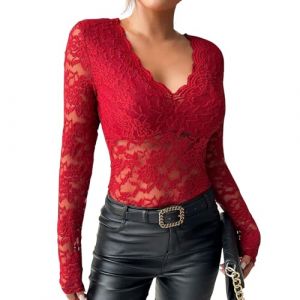 Haut Dentelle Femme, Chic et Elegant Chemisier en Dentelle Florale Transparente Chemise Sexy en Maille Haut Manches Longues Automne et Hiver, XXL, Rouge (Zawalud, neuf)
