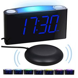 Réveil Vibrant, Réveil Fort avec 7 Pouces Affichage LED & Luminosité Réglable, 7 Veilleuses Colorées,Opération Simple, 2 Port USB,Snooze,Alarme Bruyante pour Gros Dormeurs, Sourds, Malentendants (mesqool, neuf)