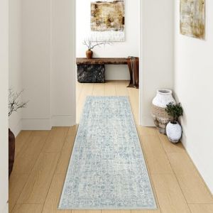 HUGEAR Bleu Tapis Couloir Lavable en Machine Tapis de Passage Cuisine Chambre Adulte Tapis Couloir Long 60x180cm Doux Vintage Descente de Lit AntidéRapant Decoration Chambrel Mangerd (RONGBEN, neuf)