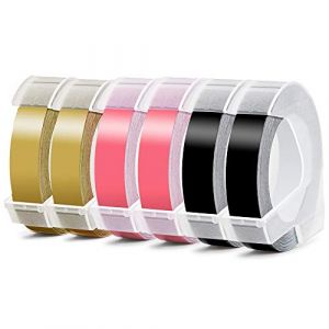 Aken Omega Junior Ruban 9mm Compatible pour Dymo Omega Junior Etiqueteuse (Blanc sur Noir/Or/Rose, 9 mm - 6 pièces) (AkenTech, neuf)