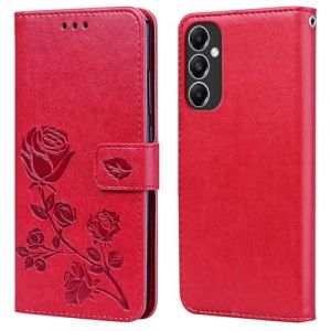 RankOne &Eacute;tui Portefeuille en Cuir pour Samsung Galaxy A05s (6.7" inches), avec Porte-Cartes Rose Pattern Design Cover Coque Housse Case - Rouge (Rankone, neuf)