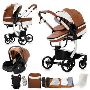 Nine point nine Cuir PU Poussette 3 en 1, Poussette Bebe avec Double Modes de Poussée Réversibles, Poussette Canne avec Grande Nacelle Confortable, Pousettes Cadre Aluminium Haute Paysage (L518 Khaki) (Kaiwen baby products, neuf)
