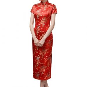 G&eacute;n&eacute;rique Robe Chinoise Qipao Femme Longue Manche Courte Motif Dragon et Ph&eacute;nix Traditionnelle Robe Asiatique Cheongsam pour Soir&eacute;e C&eacute;r&eacute;monie (feiruoma, neuf)