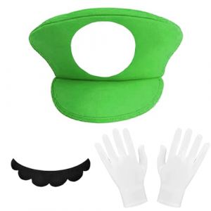 YOUYIKE Luigi Costume Accessoires, Mario et Luigi Costume Accessoires de Cosplay, Casquette Luigi Vert, Barbe et Gants, Garçon Fille Déguisement Accessoires de Plombier Halloween Costume Cosplay Noël (YUANXIASM, neuf)