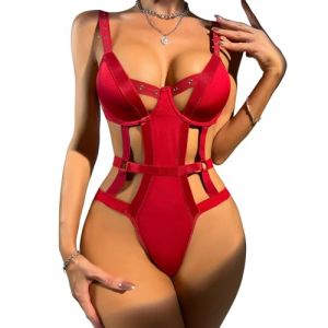 JFAN Lingerie Femme sous-Vêtement Body en Dentelle sans Manches Creuses Babydoll Soutien-Gorge Push Up Rouge M (RS BRAND, neuf)