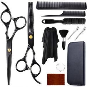 12 Pi&egrave;ces Kit Ciseaux Coiffure avec Cape, Peigne, Accessoires Coiffeur Salons Professionnel, Ciseaux Coiffure Desepaissir Acier Inoxydable, Ciseaux Barbe Cheveux pour Homme, Femme, Enfants (Noir) (Aurobest, neuf)