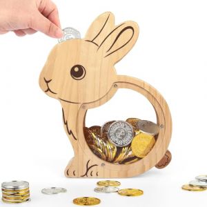 Foyucool Tirelire en Bois, Tirelire Enfant Personnalis&eacute;e, Tirelires en Bois &eacute;pais pour Pi&egrave;ces et Argent Liquide, Forme des Animaux, avec des Autocollants DIY, pour Anniversaire et F&ecirc;te, Lapin (Pinyue Store, neuf)