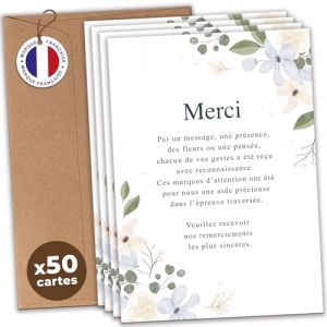 aliceandberry Cartes Remerciement Deuil D&eacute;c&egrave;s Obs&egrave;ques Enterrement - Lot 25/50/75 + Enveloppes - Papier 400g - Design Sobre &Eacute;l&eacute;gant Fleurs Bougie &Eacute;toile - Marque Fran&ccedil;aise (Lot de 50, Fleurs) (Aliceandberry, neuf)