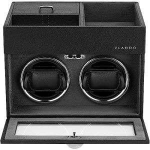 Vlando Remontoir &agrave; Montres Automatique 2 Montres, Remontoir Montre en Cuir avec Pochette de Rangement pour Bijoux, Moteurs Silencieux Japonais, &eacute;clairage LED Adaptateur Secteur (Vlando-EU, neuf)
