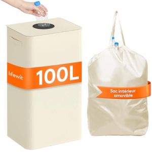 Lifewit 100L Collecteur de Bouteilles avec Couvercle, Poubelle Tri Selectif pour Plastique, Bouteilles Verre, Poubelle Exterieur de Recyclage avec Trou, Poubelle Cuisine Rangement de Bouteilles, Blanc (Lifewit Home FR, neuf)