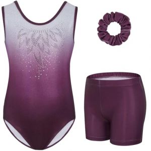 Gogokids Ensemble de Gymnastique Trois Pi&egrave;ces pour Filles, Justaucorps Sans Manches avec Shorts et Bandeau, Tenue de Gymnastique avec Design de Couleur Scintillants D&eacute;grad&eacute;e pour 3 &agrave; 4 Ans (KunTee, neuf)