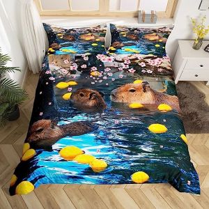 Natation Capybara Sets de Housse de Couette Mignon Capybara Housse de Couette Brun Capybara Parure de Lit 200x200cm Kawaii Citron Capybara Animaux Parure Housse de Couette Chambre fille Léger (Bofanshangmao, neuf)