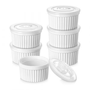 vancasso Ramequins avec Couvercles Lot, 6 X 260 ML Ramequins et Moules à Soufflés en Porcelaine, Ramequin Creme Brulee pour Muffin et Gâteau, Ramequin Four à Crème, Sauce, Fruit, Ø10.1 CM - Blanc (vancasso Ceramic Art, neuf)