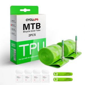 CYCLAMI Lot de 1/2 Chambres à air en TPU pour VTT 26"/27,5"/29" x 1,9-2,5, 65 g, Ultra léger, Compatible avec valves Presta en métal 1,9/2,0/2,1/2,2/2,3/2,4/2,5 mm pour VTT (2P-MTB26) (CYCLAMI, neuf)