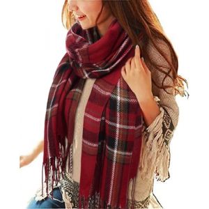 heekpek Grande Taille Femme Homme Echarpe Hiver Chaud en Cachemire Imitation Carreaux Doux écharpe épais Pull Châle Mode écharpe Fraîche Cadeau Unisexe Cadeau Noël, Carré rouge (HKPK, neuf)