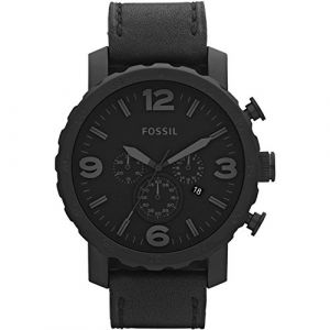Fossil Montre pour hommes Nate, mouvement chronographe à quartz, boîtier en acier inoxydable noir de 50 mm avec bracelet en cuir véritable, JR1354 (Watches2U_France, neuf)
