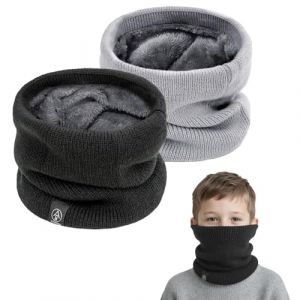 SEFIRST 2 Pi&egrave;ces Tour de Cou pour Enfants, Polaire Cache Cou, Gaiter Masque Cagoule Cache-Cou Hiver &eacute;charpe Coupe-Vent Ski &Eacute;lastique &Eacute;pais Snood pour Moto Ski Marche (Noir, Gris, Taille unique) (MaiDuoDuo, neuf)