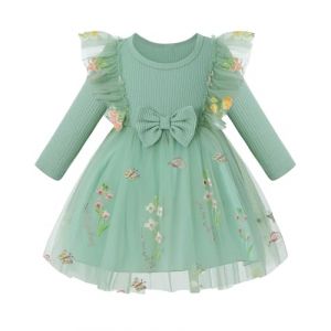 Amissz Robe longue pour filles &agrave; fleurs &agrave; manches longues Tutu pour enfants Robe florale brod&eacute;e pour mariage, concours de beaut&eacute;, demoiselle d'honneur, robe de princesse pour fille, bal, anniversaire (Amissz-EU, neuf)
