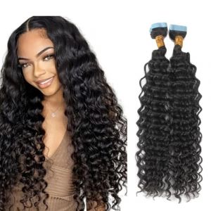 Saisifen Bande De Cheveux Frisé Profond 100g 40 Pièces Trame Ruban Adhésif Double Face 1b# Cheveux Humains Noirs Naturels 18 Pouces(45cm) (Doren Saisifen, neuf)