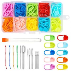 CATOR Lot de 120 marqueurs de maille à crochet, 10 couleurs, 12 aiguilles à coudre avec grand chas, aiguille a laine, aiguille laine, Avec boîte de rangement pour projets de bricolage au crochet (QUQU JIANING, neuf)
