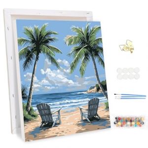 MEIYUDA Peinture par Numero Adulte avec Cadre, Palmier de Sunny Beach Kit de Peinture &agrave; l'Huile sur Toile par Num&eacute;ro, D&eacute;butants Peinture, Decoration Maison Cadeau 30x40cm (JINBEIKANG, neuf)
