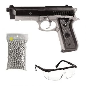 2EAGLE Pack Airsoft Pistolet mod&egrave;le PT92 Bicolore &agrave; Ressort-ref: 210125/mati&egrave;re: Plastique Haute r&eacute;sistance et Culasse m&eacute;tal/Puissance 0.5 Joule/livr&eacute; avec Accessoires, 220 mm (THE REPLICANT, neuf)