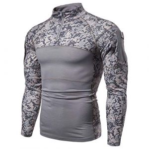 Chemise Tactique à Manches Longues avec Fermeture éclair 1/4 pour Homme, Style Militaire, pour Airsoft, Vêtement d'extérieur pour la Chasse, Le Camping, la randonnée Gris Camouflage numérique M (Color Rush, neuf)