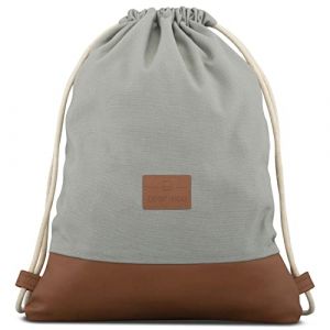 Johnny Urban Sac &agrave; Dos Cordon Coton Gris/Marron - Luke - Sac de Gym avec Poche pour Homme et Femme - Sac &agrave; Cordonnet Premium &agrave; partir de Toile de Coton et Cuir V&eacute;g&eacute;talien (Ecom-Brands, neuf)