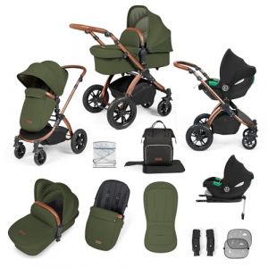 Poussette Tout-Terrain 12pcs Ickle Bubba Stomp Luxe – Système de Voyage 3 en 1 avec Siège Auto i-Size Cirrus + Base ISOFIX – Siège Réversible, Landau & Accessoires (Bronze/Bois/Beige) (Ickle Bubba FR, neuf)