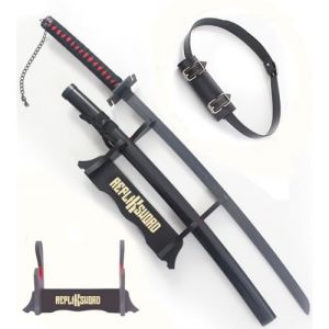 REPLIKSWORD Bleach Katana Ichigo Bois Lame en Bois Bankai Epee Sabre Ichigo Katana Replique Cosplay + Presentoir Inclus + Ceinturon Noir Porte-Epee (Repliksword, neuf)