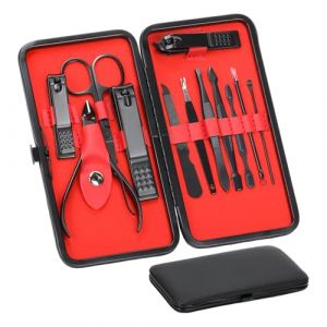 XIKAYA Coupe ongle,Ciseaux cuticule ongle,Coupe cuticule ongle,Kit de manucure professionnel en acier inoxydable avec étui en cuir pour voyage,12 en 1,noir (希卡亚, neuf)