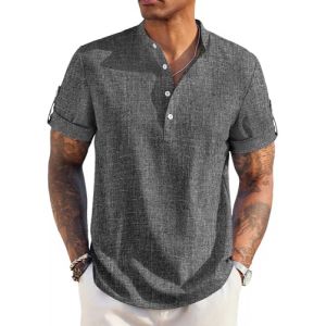 COOFANDY Chemise Homme Manches Courtes Col Montant pour Homme Chemises Casual Stretch Chemise d'affaires Chemise de Costume Homme Gris Foncé S (COOFANDY's Fashion, neuf)