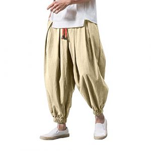 Pantalon baggy pour homme en lin - Pantalon de loisirs - Pantalon ample - Pantalon sarouel - Pantalon bouffant avec cordon de serrage - L&eacute;ger - Respirant - Pantalon de vacances - Style japonais (⭐⭐⭐⭐⭐Tiantian1, neuf)