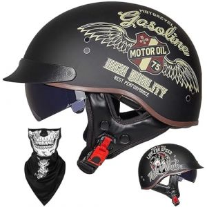 EBAYIN Casque Moto Demi Casque Bol Brain - Cap RéTro Harley Jet Casque Certifié ECE Cruiser Chopper Scooter Pilote Casque Lunettes IntéGréEs Unisexe Casque à DéGagement Rapide,H-XXL=（63~64cm） (GAOSHUXIA666, neuf)