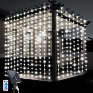JIMACRO Solaire Rideau Lumineux, 3Mx3M &Eacute;tanche Guirlande Lumineuse Rideau, 10 Pcs Rideau Lumineux 8 Modes 300LED String Rideau avec T&eacute;l&eacute;commande pour Mariage No&euml;l Partie D&eacute;coration de Vacances (JIMACRO, neuf)