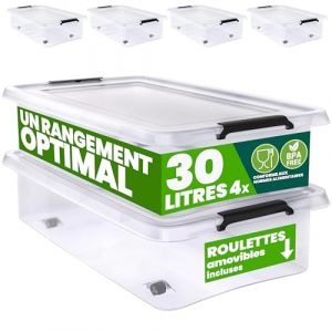 Deuba® 4X Boîte de Rangement 30L en Plastique Transparent empilable sans BPA Gain de Place Caisse de Rangement roulettes (DEUBA-FR, neuf)