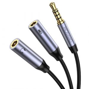 MOSWAG Adaptateur Splitter Y Micro Casque, Adaptateur Jack Audio Stéréo 3,5mm, 3,5mm Mâle à Double 3.5mm Femelle Prise Casque et Microphone pour PS4,PC,Téléphone.Tablette (Support du Microphone TRS) (zuyuk, neuf)