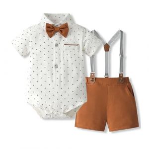 Volunboy B&eacute;b&eacute; Gar&ccedil;on Ensemble Costume, Manches Courtes Noeud Papillon Chemise avec Short Bretelle Barboteuse（Caramel，9-12 mois，Taille 73） (Volunboy, neuf)