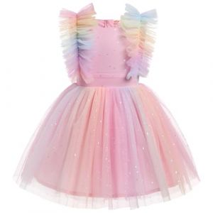 FYMNSI Robe de princesse pour fille - Robe de fête de mariage - Robe d'été - Robe de fille - Robe en tulle à volants - Robe d'anniversaire, Rose multicolore., 4-5 ans (FYMNSI store, neuf)