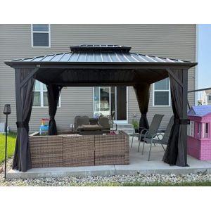 PURPLE LEAF Tonnelle de Jardin Exterieur Aluminium 3,65 x 3 m, Pergola Jardin Exterieur à Double Toit en Acier Galvanisé avec Rideaux, Tente de Réception Robuste pour Camping, Fête, Barbecue, Gris (PURPLE LEAF, neuf)