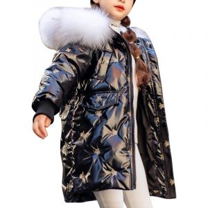 LAEMILIA Manteau Fille Hiver Veste Matelassé Enfant Fille Blouson à Capuche Fausse Fourrure Ado Fille Doudoune Mi Longue Chaude avec Poches Motif de Couronne pour 6-14 Ans (LAEMILIA, neuf)