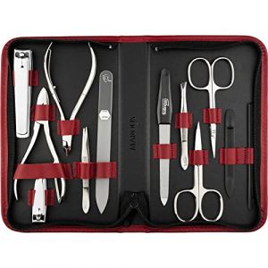 Solingen Kit de manucure pour homme et femme 12 pièces Fabriqué en Allemagne avec pince à ongles, lime à ongles en verre et outils de pédicure pour ongles naturels, céramiques et peints, rouge (Flipfeld, neuf)