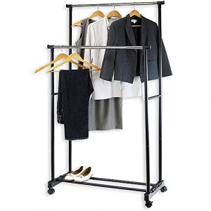 HUOLE Portant à vêtements, Penderie métallique, Charge Max,60 kg, Hauteur réglable, Mobile, avec roulettes XXL Support, Double Tringle à vêtements, métal/Plastique (Hechheu, neuf)