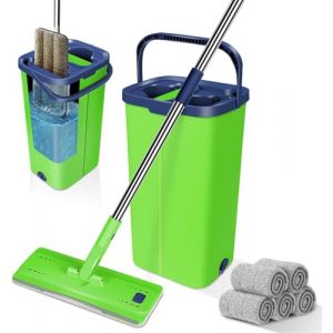 Zvonema Serpillière Seau Essoreur, Balai Serpillère Microfibre avec 5 Serpillères Réutilisables, Serpillière Plat Rotatif 360°, Serpillière Plate Seau Essoreur pour Nettoyage Tous Types de Sols, Vert (Zvonema, neuf)