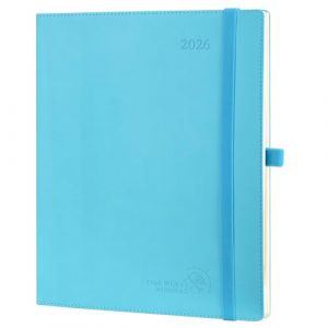 POPRUN Agenda 2026 Semainier 26,5 x 21,5 cm - Couverture Souple en PU Cuir, Vertical Planner, D'Jan 2026 à Déc 2026-12 Mois, Avec signet à 2 rubans, Papier 100 g/m², Bleu vert (Time Works Wonders, neuf)