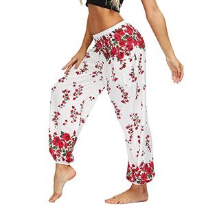 Nuofengkudu Femme Harem Pantalon Sarouel Thaïlandais Hippie Baggy Léger Boho Ethnique Smockée Taille Haute avec Poches Yoga Pants Été Plage (Y-Blanc Floral,Taille Unique) (better Life, neuf)