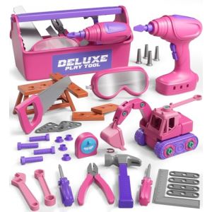 Lehoo Castle Boite Outils Enfant, Etabli avec Perceuse &Eacute;lectrique, Visseuse, Metre Ruban, D&eacute;monter et Assembler Voiture, Caisse a Outil Cadeau Montessori Jouets pour Enfant 3 Ans+ (Rose) (KWANITHINK EU, neuf)
